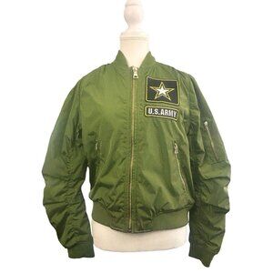 US Army Green Bomber Jacket Adult Full Zip Patches Gold Zip Casual Coat Small
